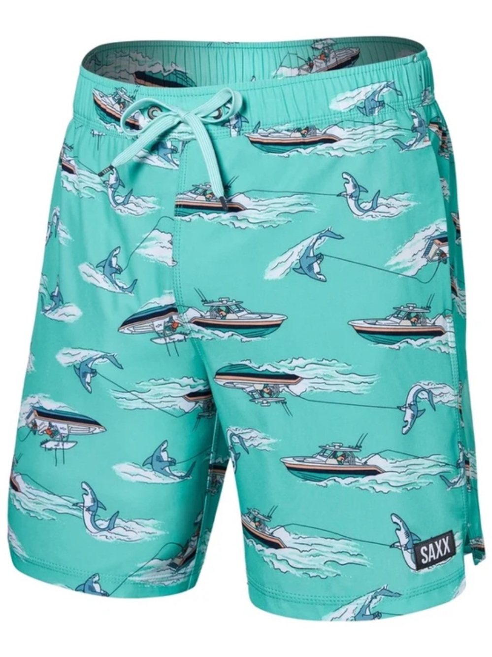 SAXX Oh Buoy 2N1 Volley Swim Shorts Trunks Size Large Teal Sharks Ballpark Pouch